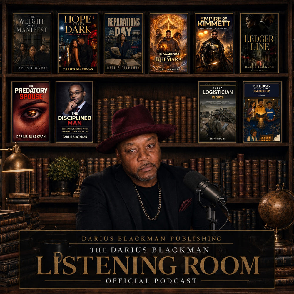 The Darius Blackman Listening Room podcast, with Darius Blackman seated at a microphone in front of his books.